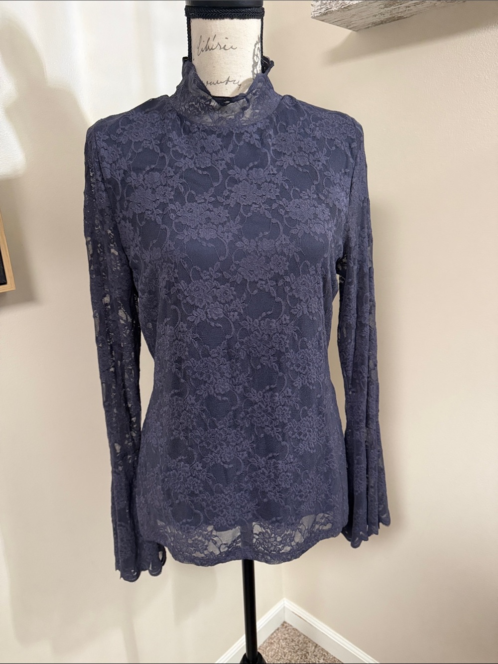 Vince Camuto Charcoal Floral Lace Mock Neck Top